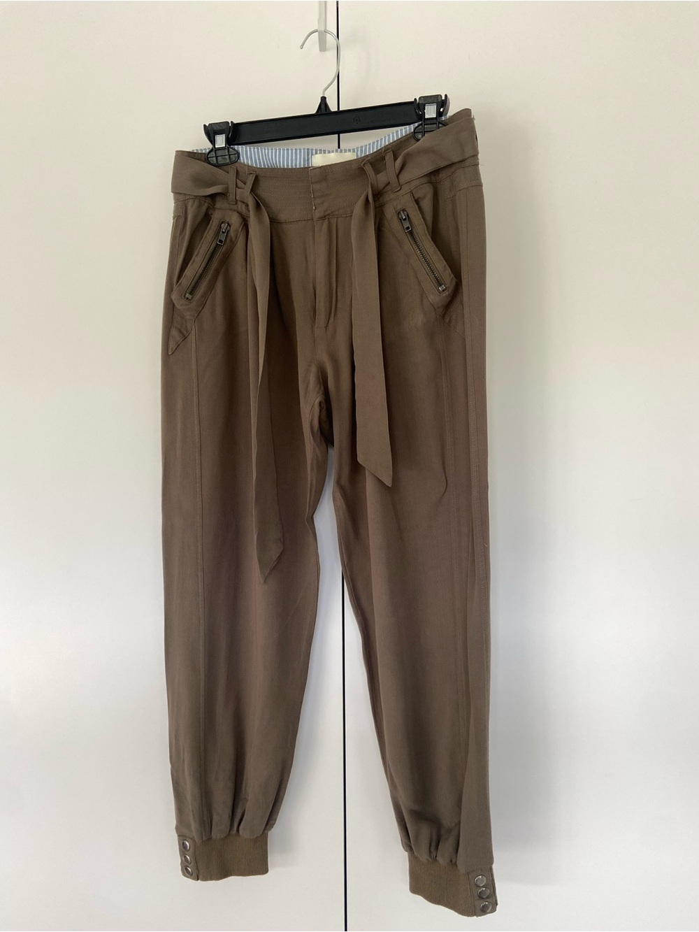Anthropologie ELEVENSES Belted Ankle Jogger Pants Olive Brown Khaki Small EUC